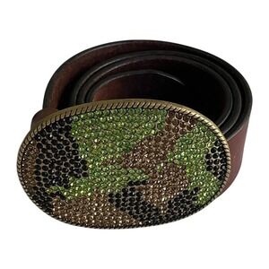 GAP Leather Camo Rhinestone Brass Buckle Belt Brown Medium